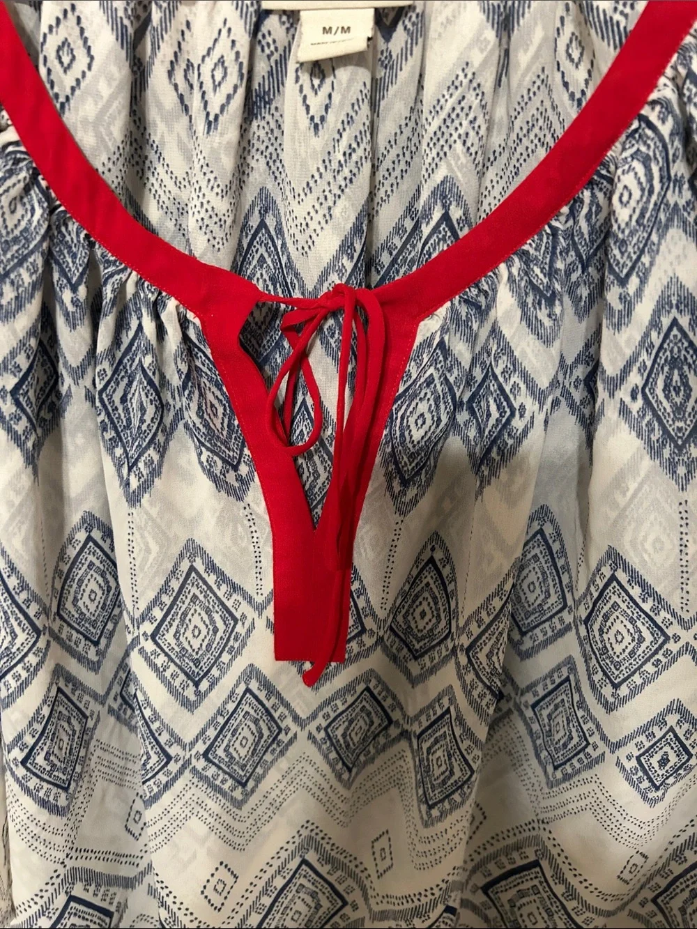 🧩ARIAT Boho Printed Peasant Top bell sleeve with Red Trim size M GUC
